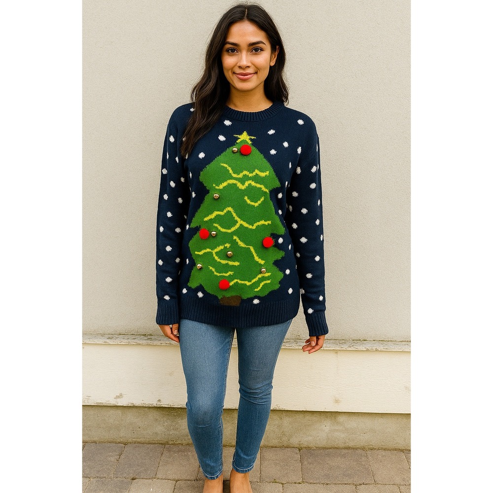Womens Navy Blue Christmas Tree Sweater Holiday Festive Ugly Sweater‎
